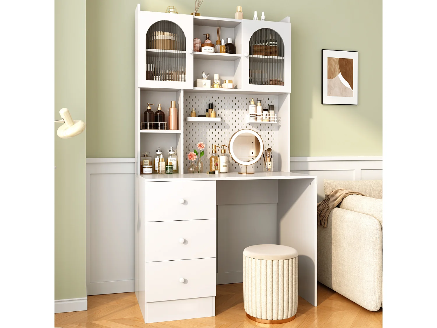 Escritorio multifuncional con 3 cajones y 2 puertas - Para oficina o dormitorio - Blanco