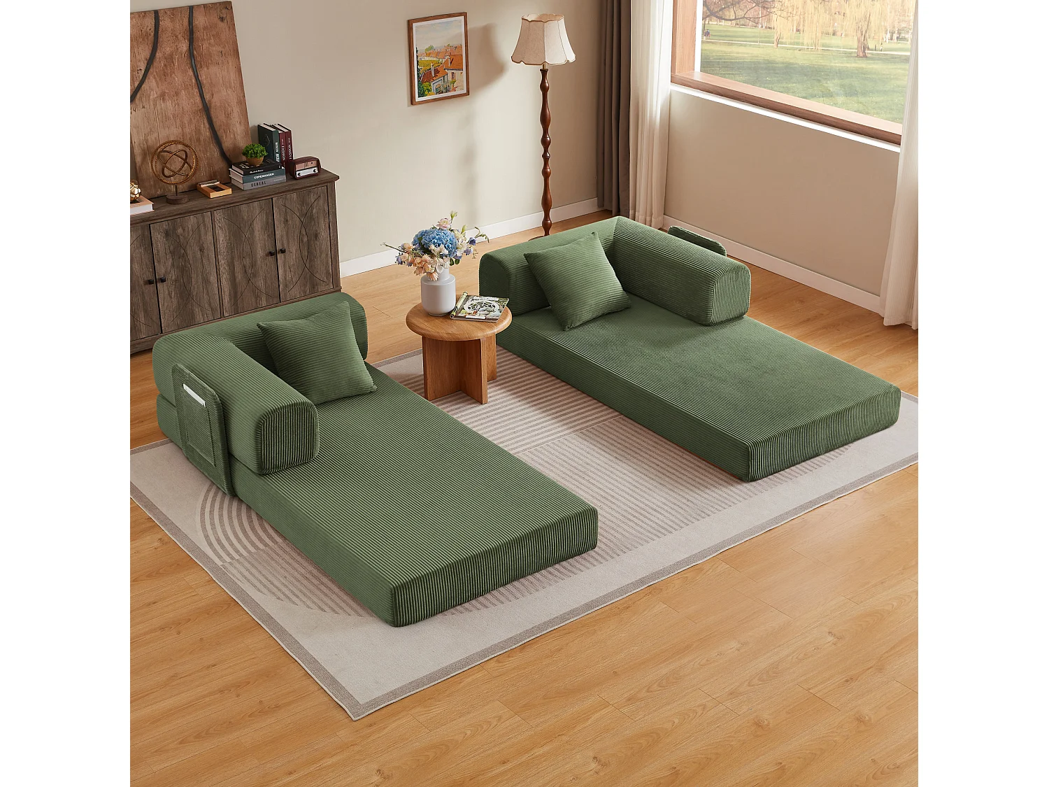 Canapé convertible modulable 2 places en velours côtelé avec poche latérale - Vert