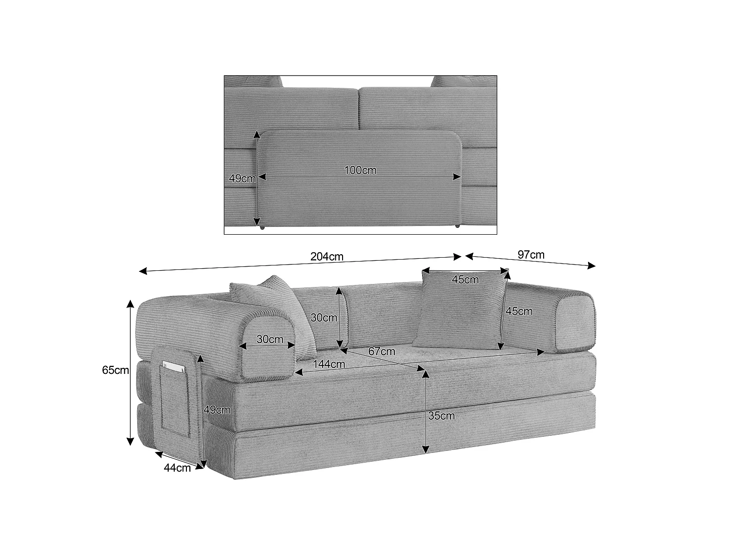 Canapé convertible modulable 2 places en velours côtelé avec poche latérale - Vert