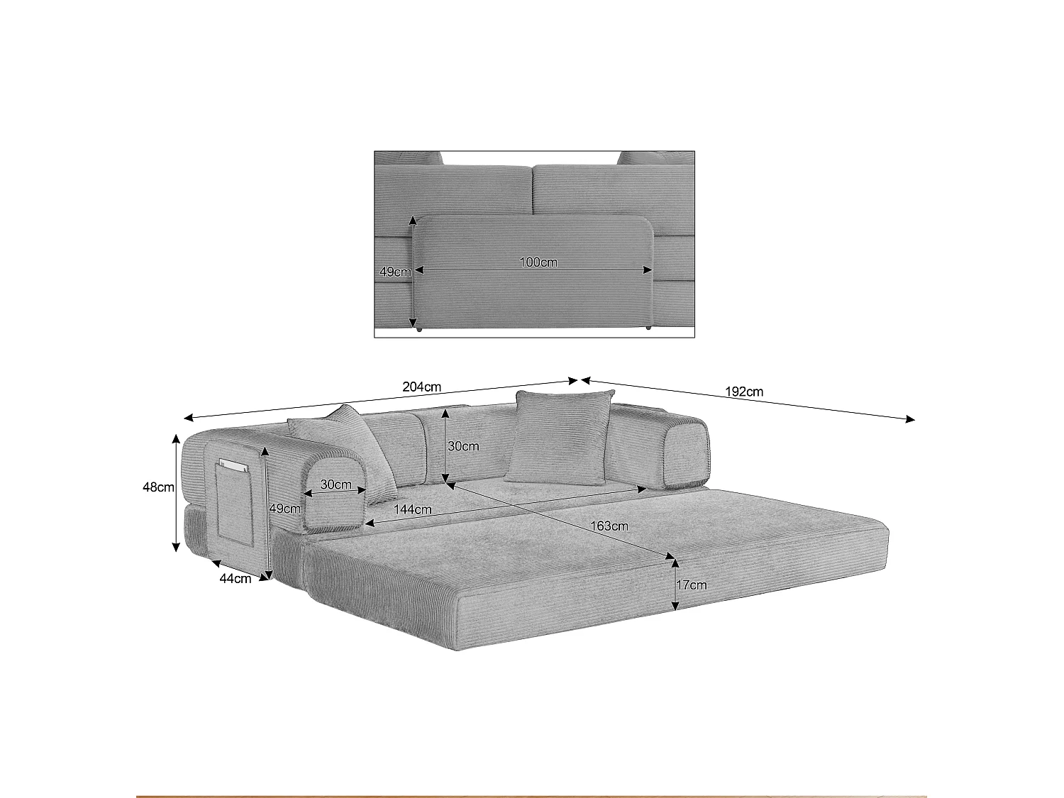 Canapé convertible modulable 2 places en velours côtelé avec poche latérale - Vert