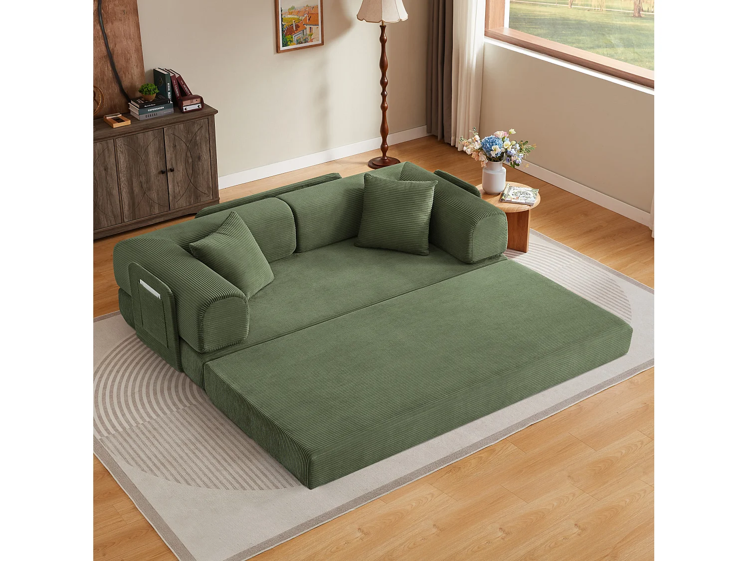 Canapé convertible modulable 2 places en velours côtelé avec poche latérale - Vert