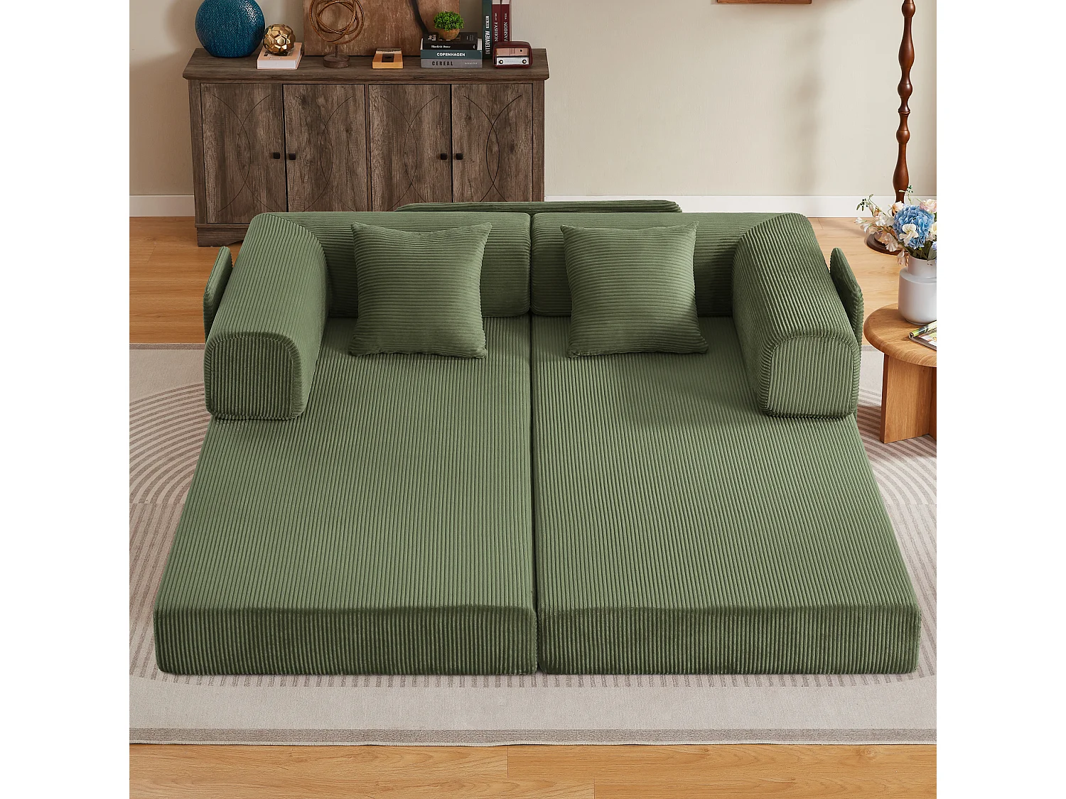 Canapé convertible modulable 2 places en velours côtelé avec poche latérale - Vert