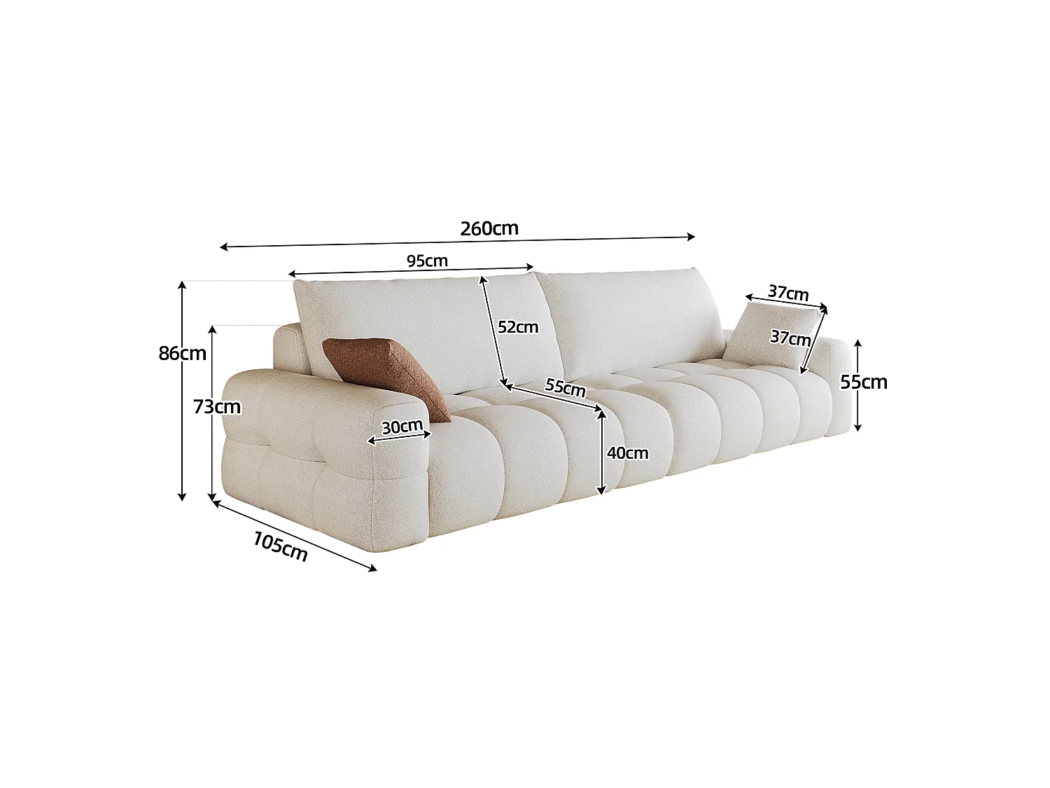 Modulaire stoffen 4-zitsbank, 260 cm, met diepe zitting – Crèmewit