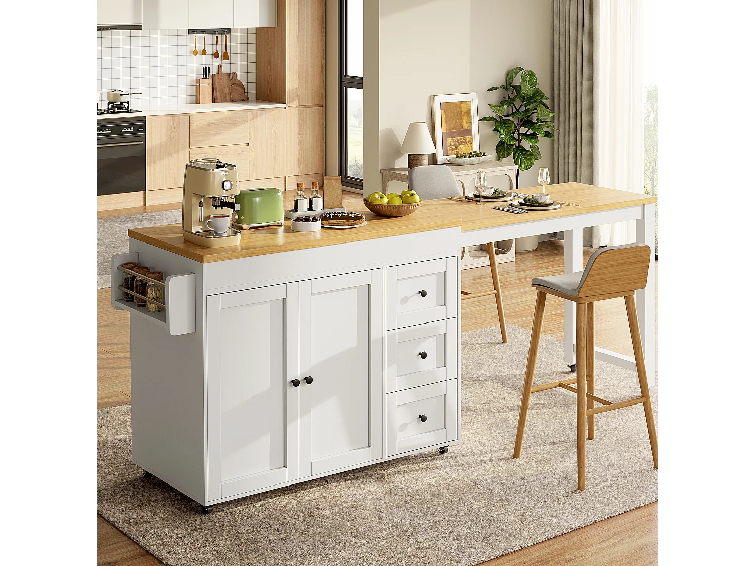 Isola cucina allungabile (116–179,5 cm) con 3 cassetti, 2 ante e ruote – Bianco