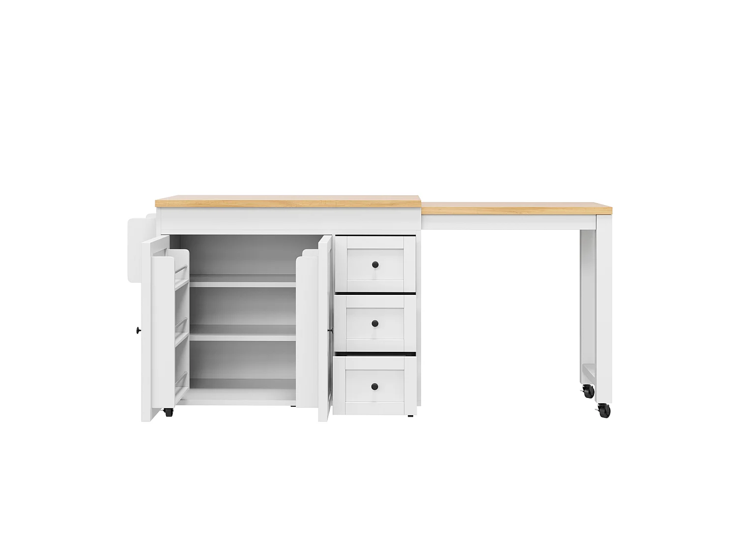 Isola cucina allungabile (116–179,5 cm) con 3 cassetti, 2 ante e ruote – Bianco
