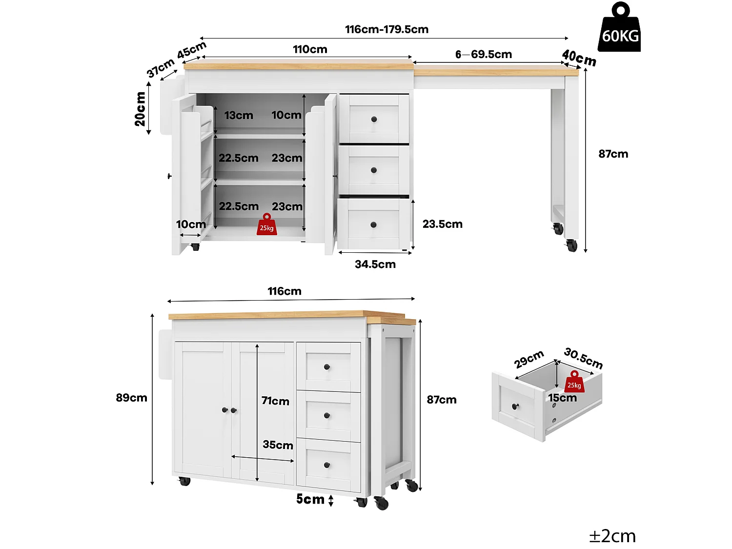 Isola cucina allungabile (116–179,5 cm) con 3 cassetti, 2 ante e ruote – Bianco