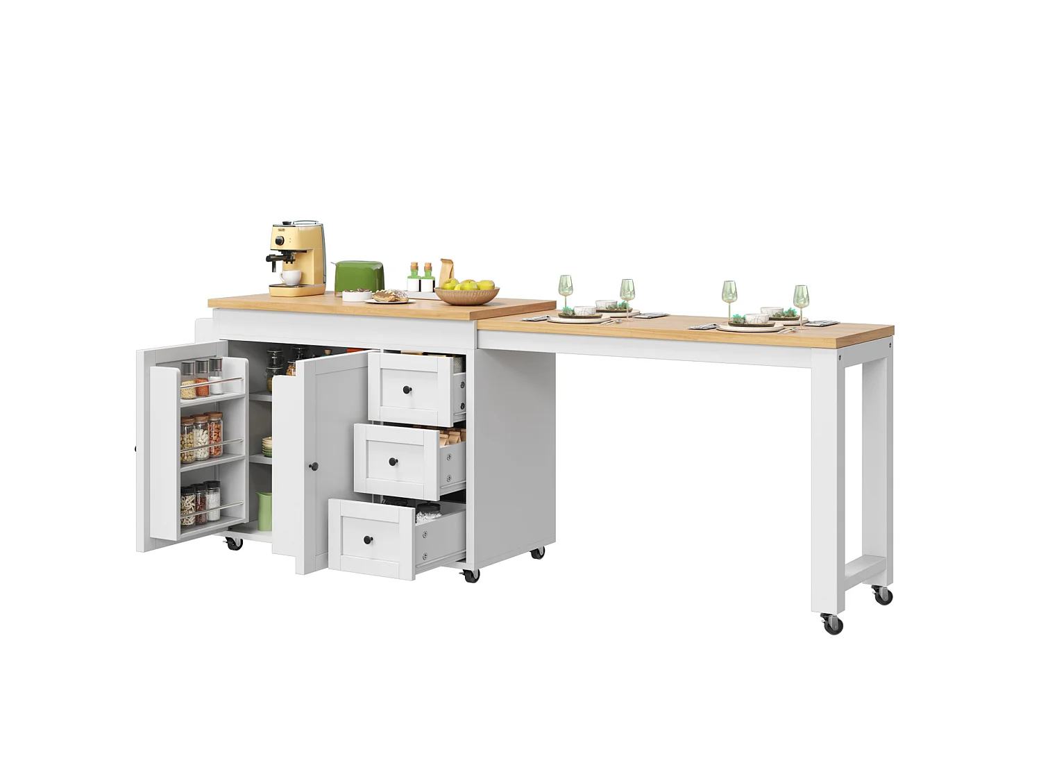 Isola cucina allungabile (116–179,5 cm) con 3 cassetti, 2 ante e ruote – Bianco