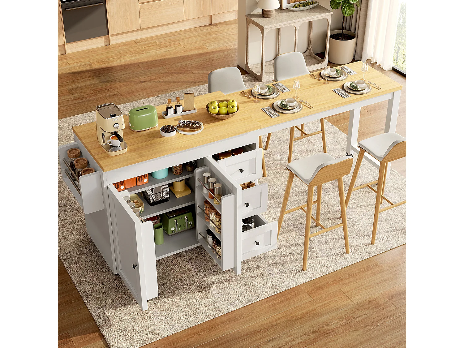 Isola cucina allungabile (116–179,5 cm) con 3 cassetti, 2 ante e ruote – Bianco