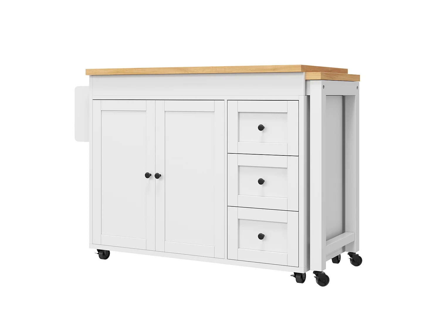 Isola cucina allungabile (116–179,5 cm) con 3 cassetti, 2 ante e ruote – Bianco