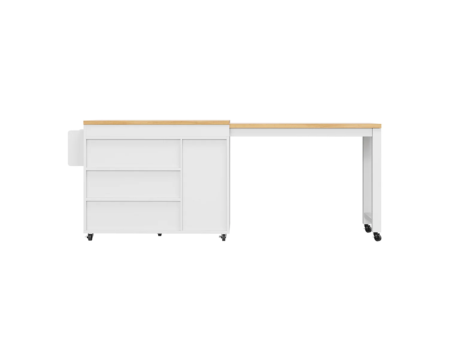Isola cucina allungabile (116–179,5 cm) con 3 cassetti, 2 ante e ruote – Bianco