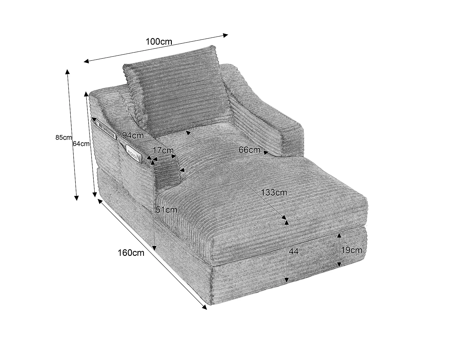 Méridienne convertible 160x100x85 cm en velours côtelé blanc - Sans montage
