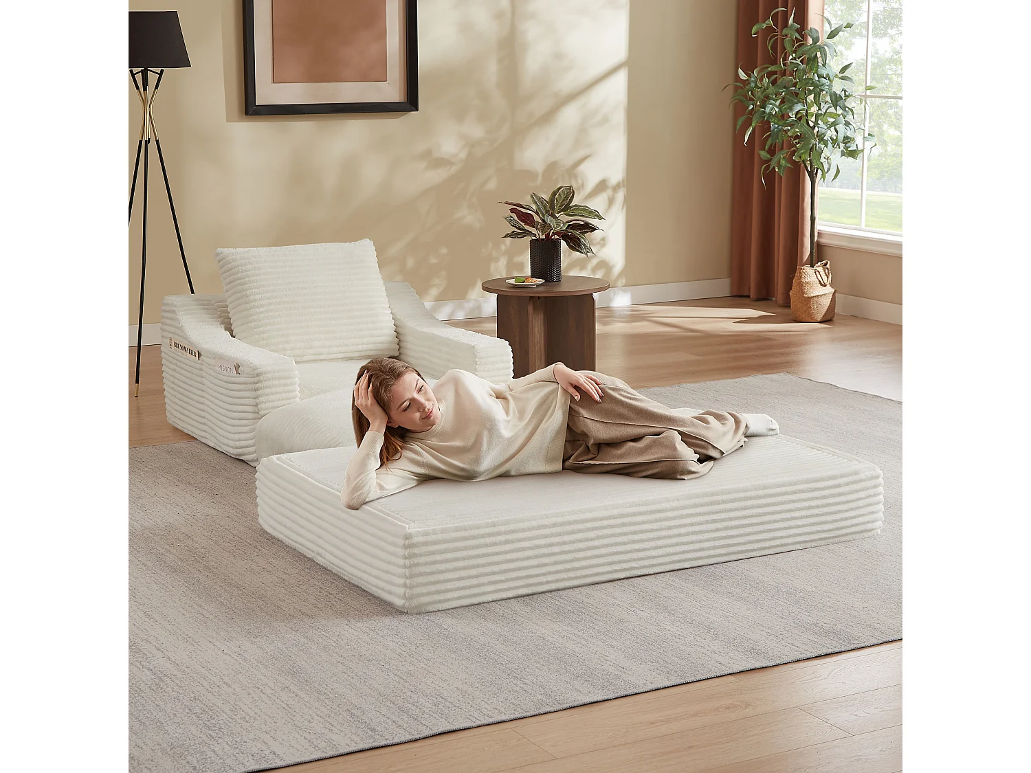 Méridienne convertible 160x100x85 cm en velours côtelé blanc - Sans montage