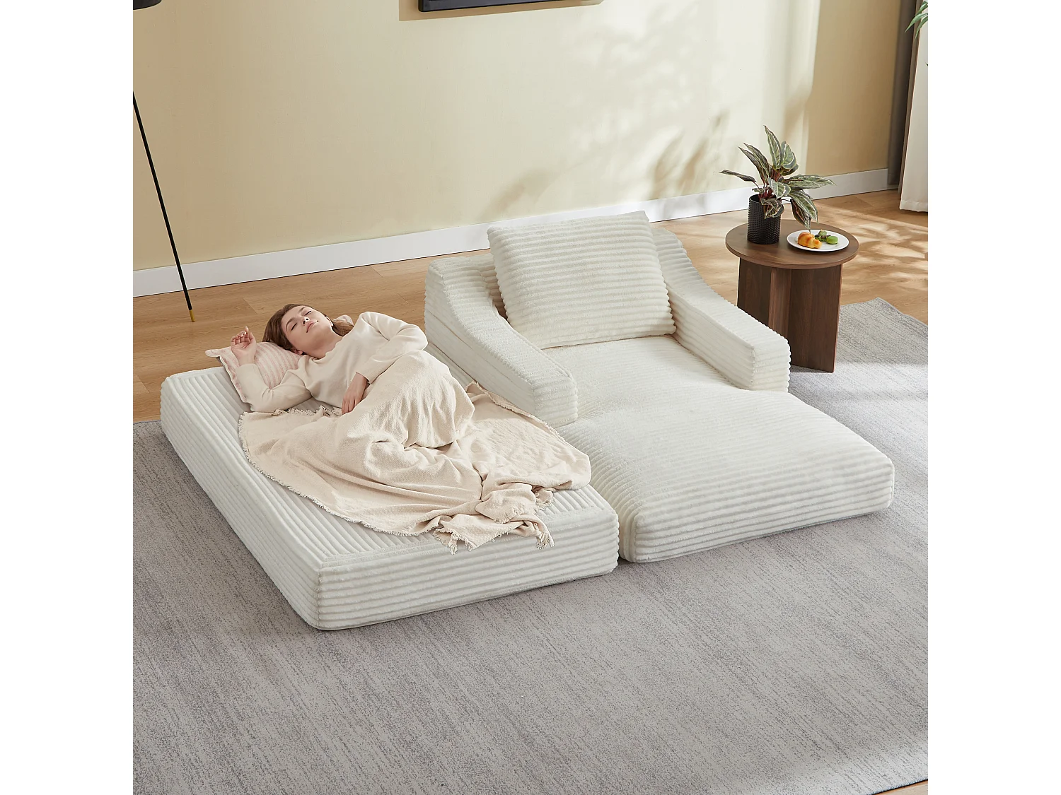 Méridienne convertible 160x100x85 cm en velours côtelé blanc - Sans montage
