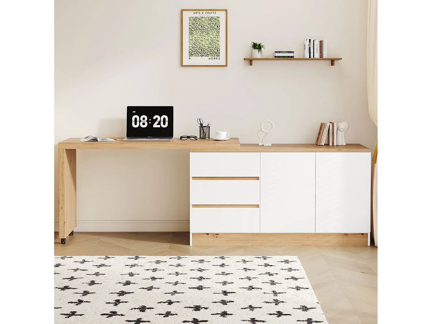 Bureau d’angle pliant avec 3 tiroirs et rangement - Blanc et bois