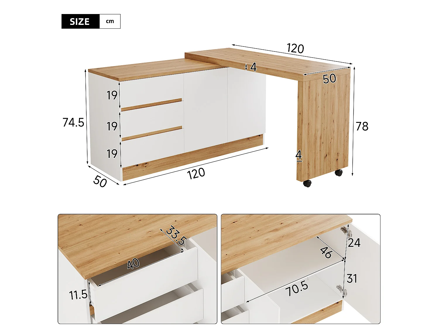 Bureau d’angle pliant avec 3 tiroirs et rangement - Blanc et bois