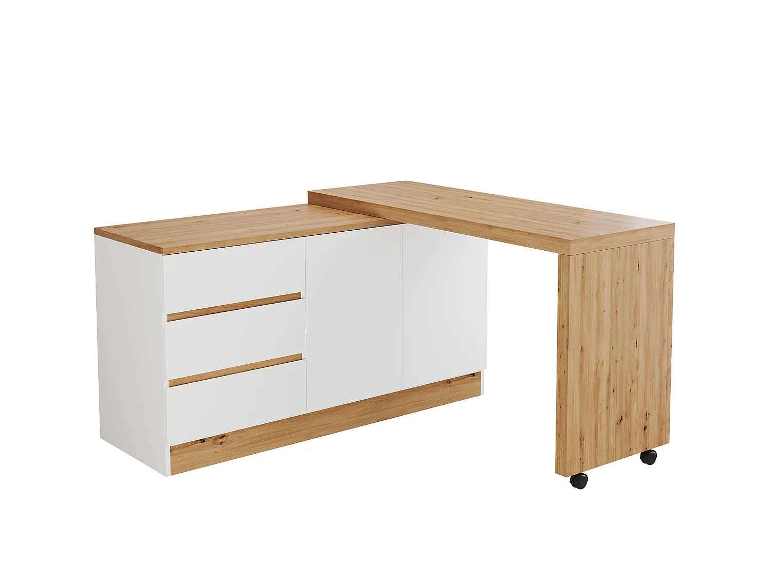 Bureau d’angle pliant avec 3 tiroirs et rangement - Blanc et bois