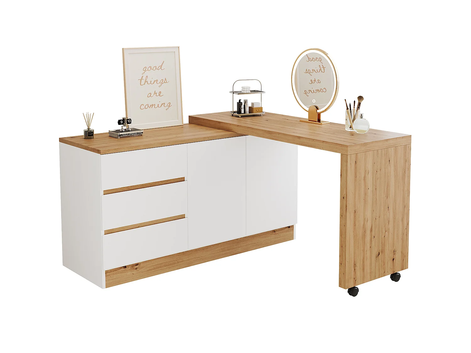 Bureau d’angle pliant avec 3 tiroirs et rangement - Blanc et bois