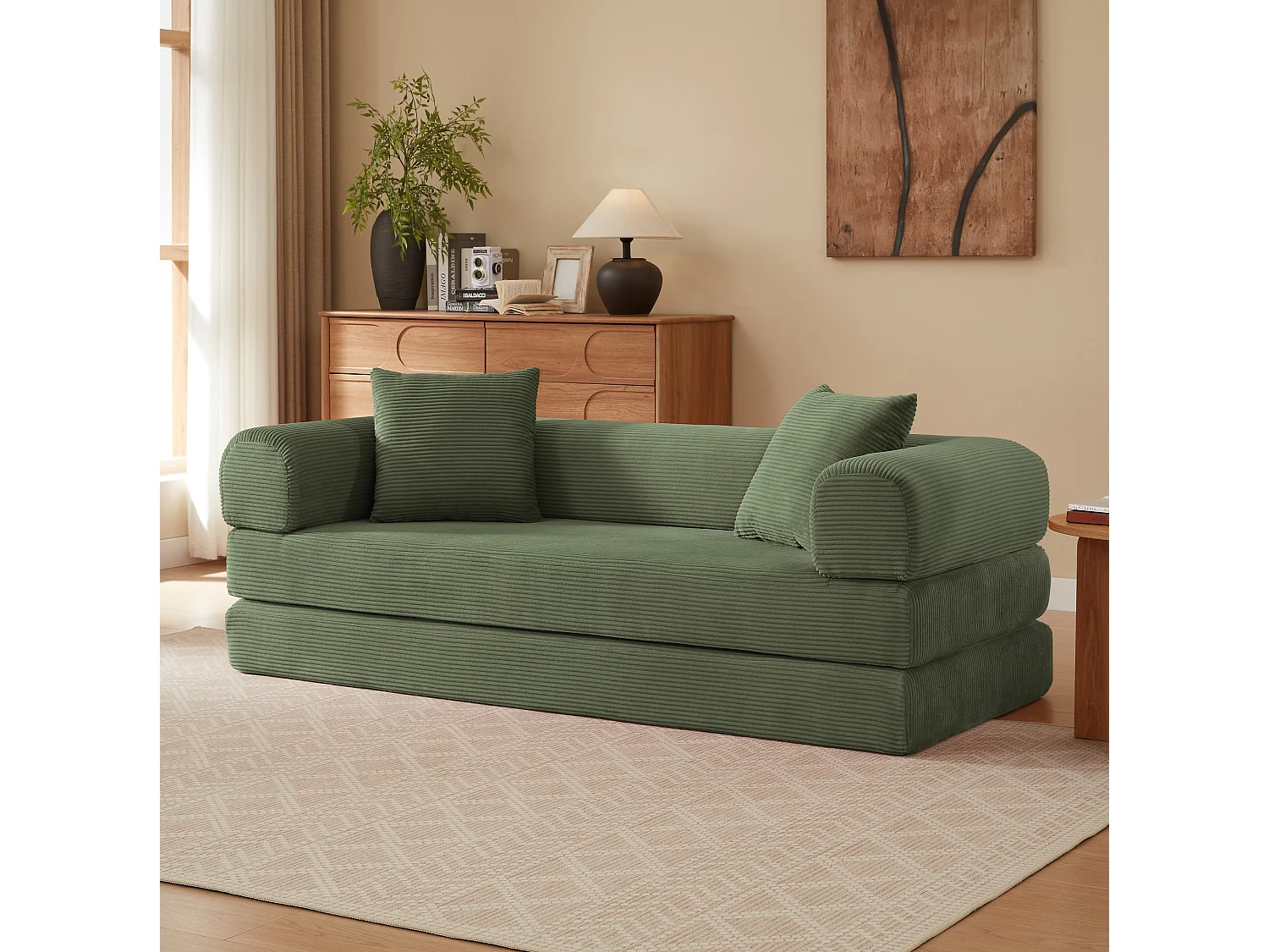 Canapé convertible 2 places 195 cm en tissu vert - Sans montage
