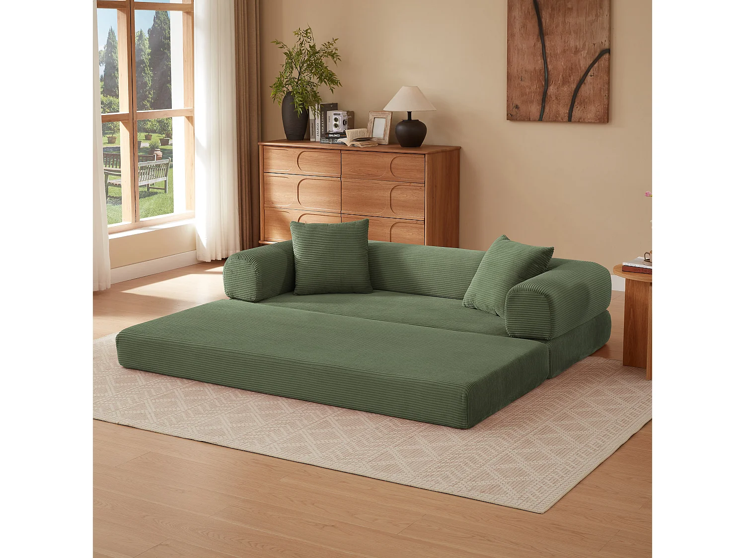 Canapé convertible 2 places 195 cm en tissu vert - Sans montage