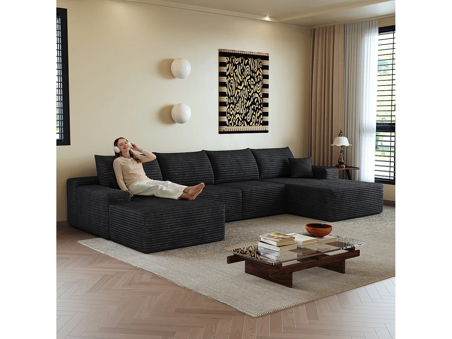Canapé modulable 4 places en velours côtelé avec pouf et Méridienne à droite - Noir