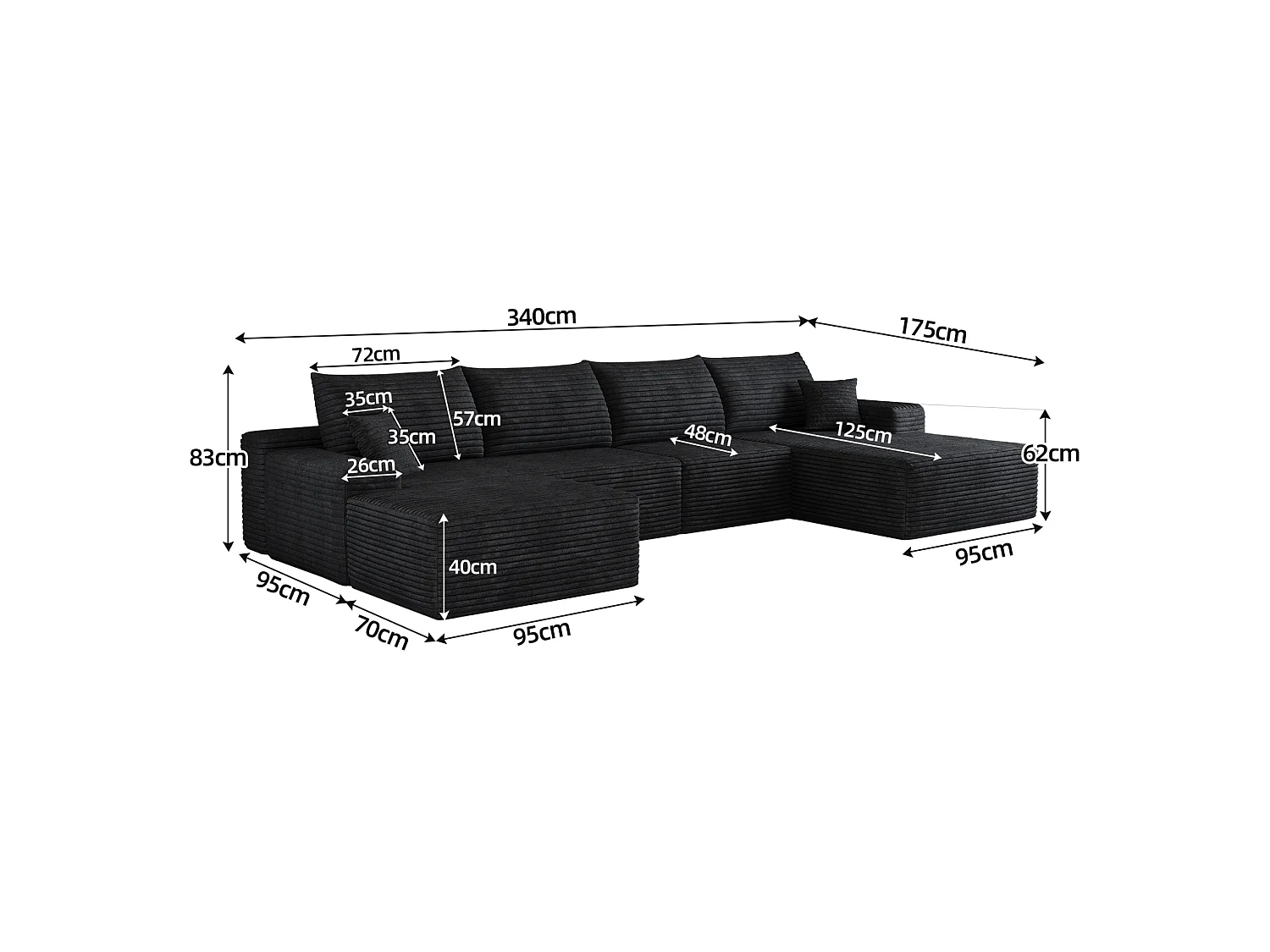 Canapé modulable 4 places en velours côtelé avec pouf et Méridienne à droite - Noir