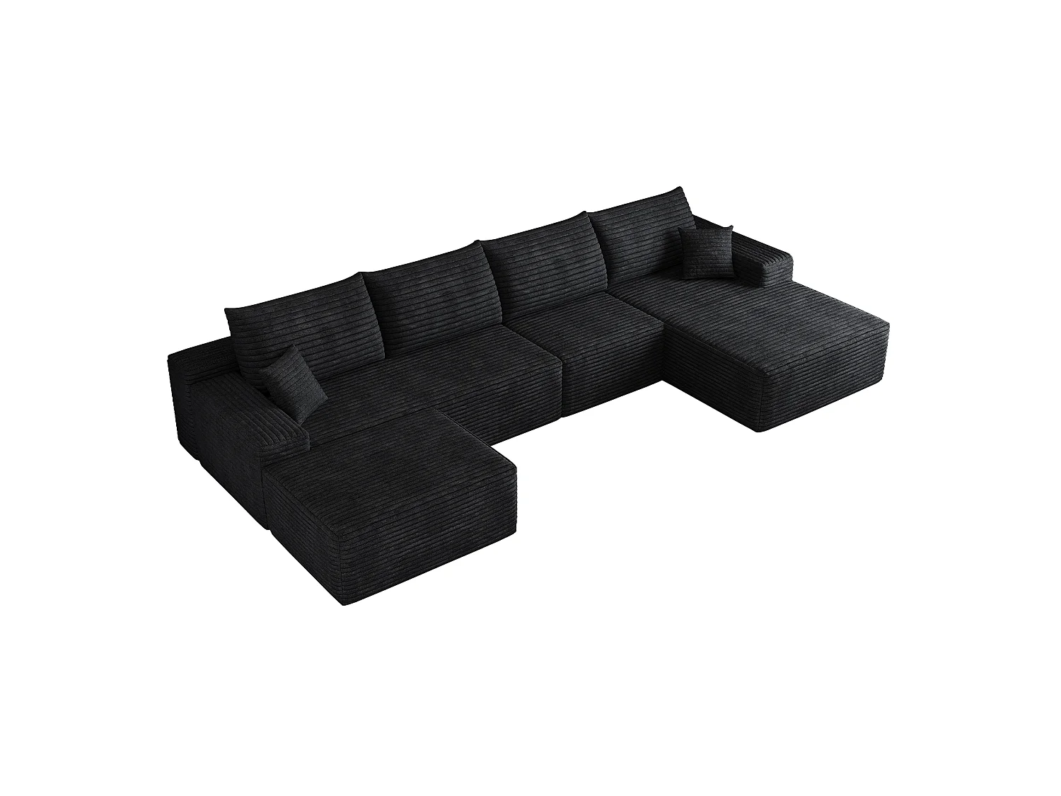 Canapé modulable 4 places en velours côtelé avec pouf et Méridienne à droite - Noir