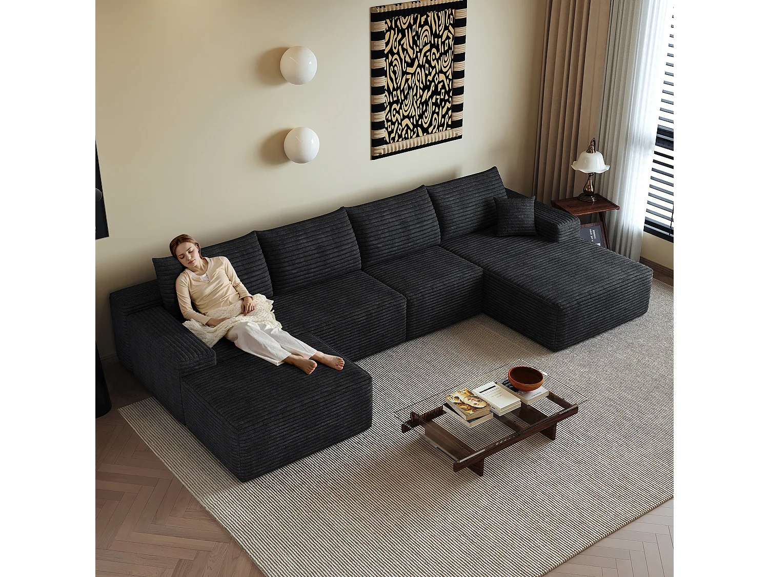 Canapé modulable 4 places en velours côtelé avec pouf et Méridienne à droite - Noir