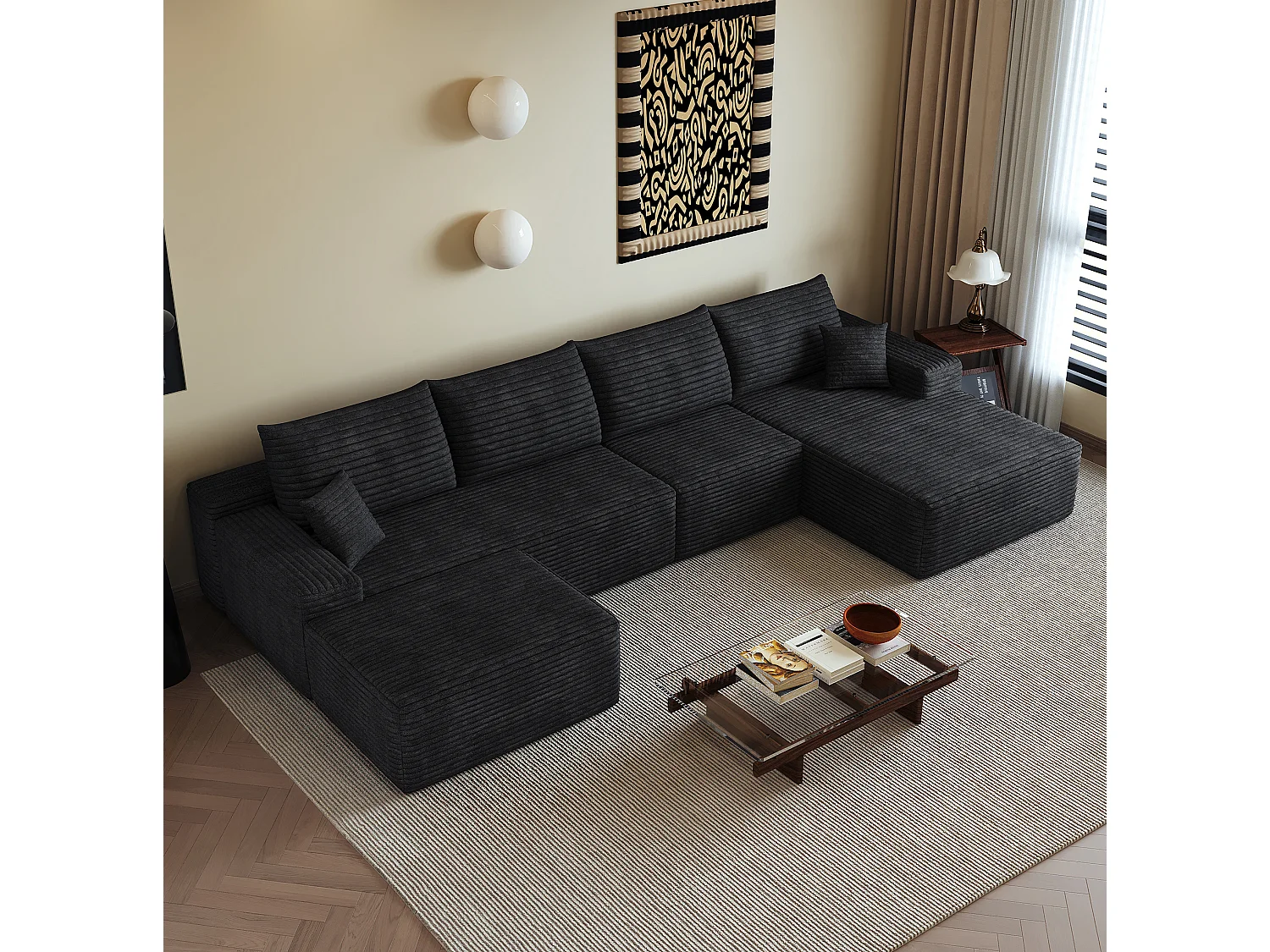 Canapé modulable 4 places en velours côtelé avec pouf et Méridienne à droite - Noir