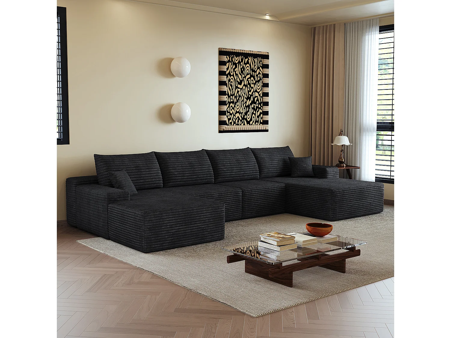 Canapé modulable 4 places en velours côtelé avec pouf et Méridienne à droite - Noir