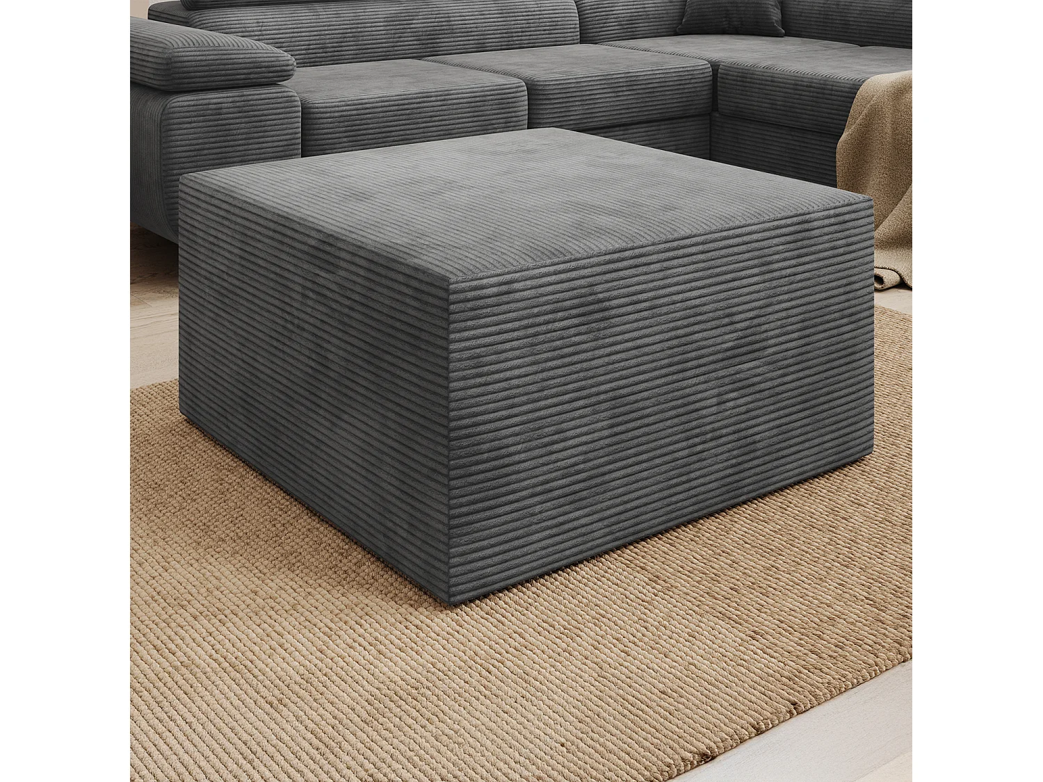 Pouf Carré XL Soren Velours Côtelé Gris Foncé
