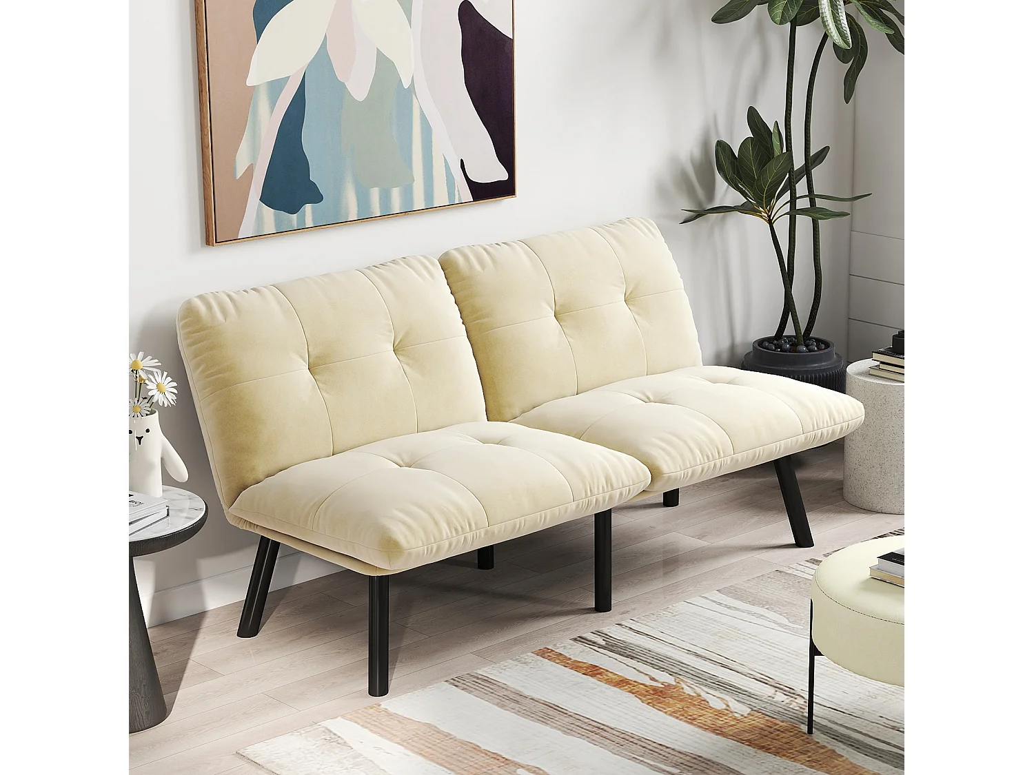 Canapé convertible 2 places crème, sans accoudoirs, futon pliable, lit d'appoint, velours