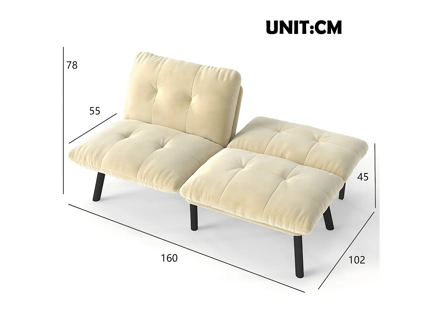 Canapé convertible 2 places crème, sans accoudoirs, futon pliable, lit d'appoint, velours