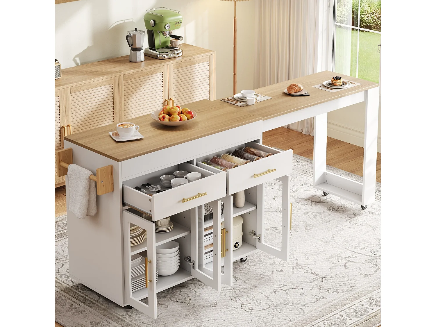 Isola da cucina mobile con ripiani, 4 ante e 2 cassetti - Bianco