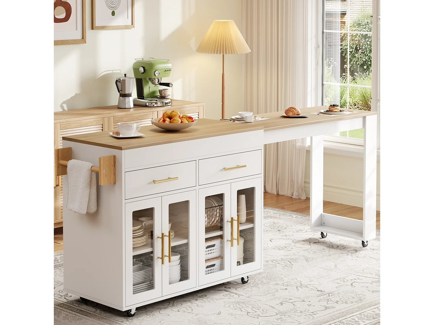 Isola da cucina mobile con ripiani, 4 ante e 2 cassetti - Bianco
