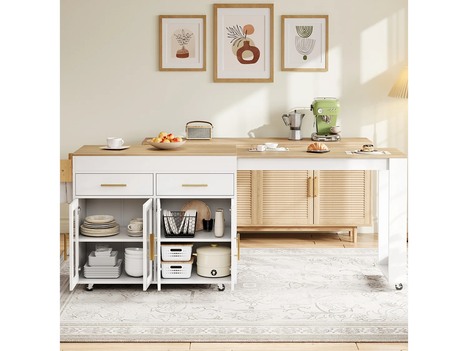 Isola da cucina mobile con ripiani, 4 ante e 2 cassetti - Bianco