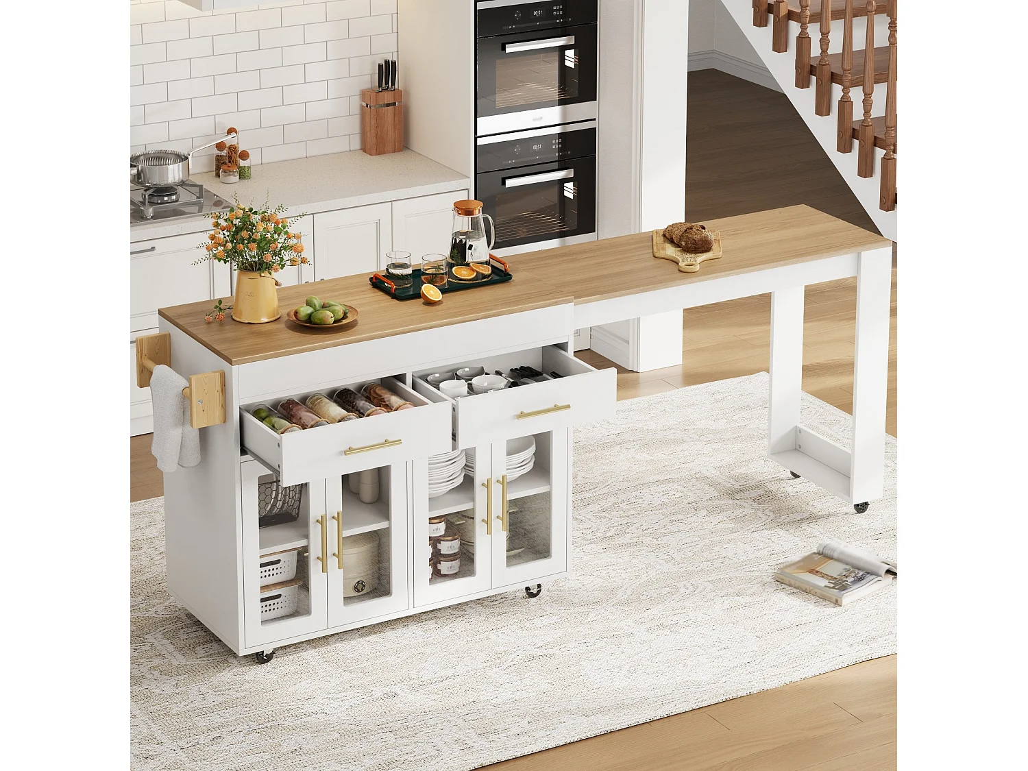 Isola da cucina mobile con ripiani, 4 ante e 2 cassetti - Bianco