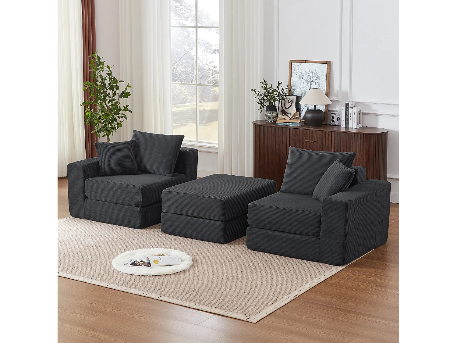 Canapé modulable convertible 3 places en velours côtelé avec coussins - Sans montage - Gris foncé