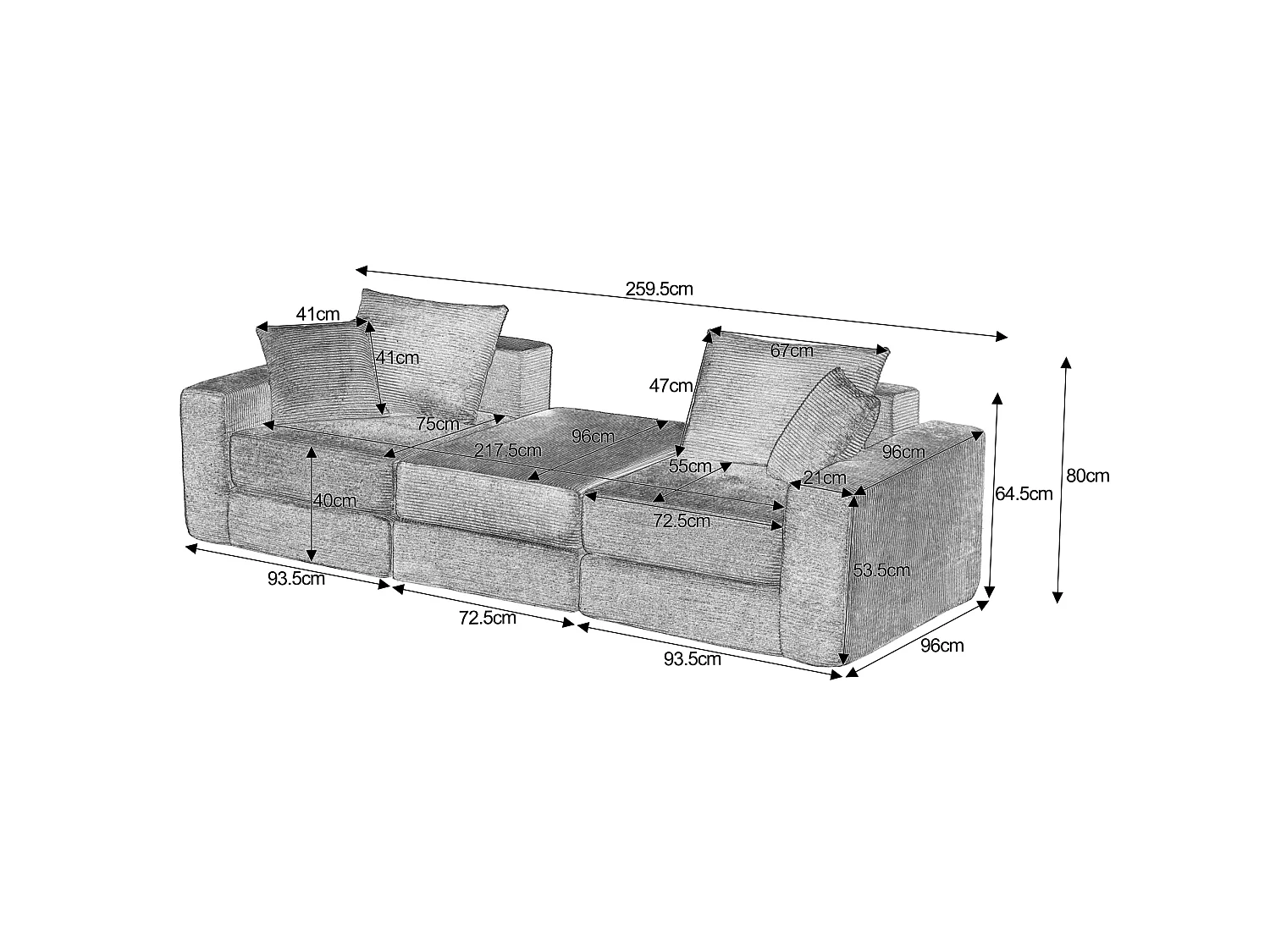 Canapé modulable convertible 3 places en velours côtelé avec coussins - Sans montage - Gris foncé