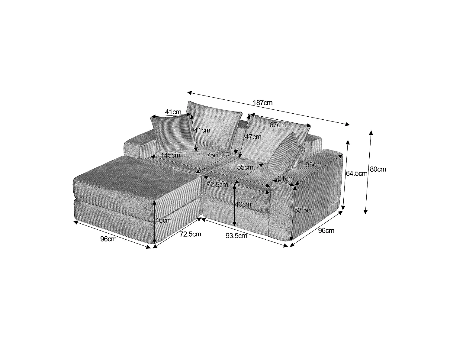 Canapé modulable convertible 3 places en velours côtelé avec coussins - Sans montage - Gris foncé