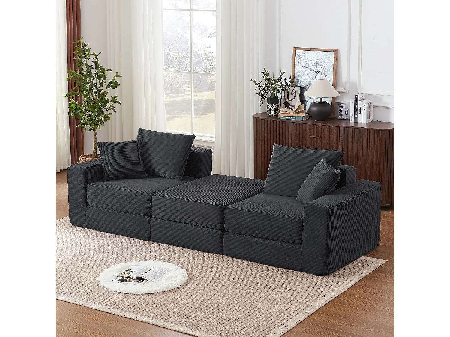 Canapé modulable convertible 3 places en velours côtelé avec coussins - Sans montage - Gris foncé