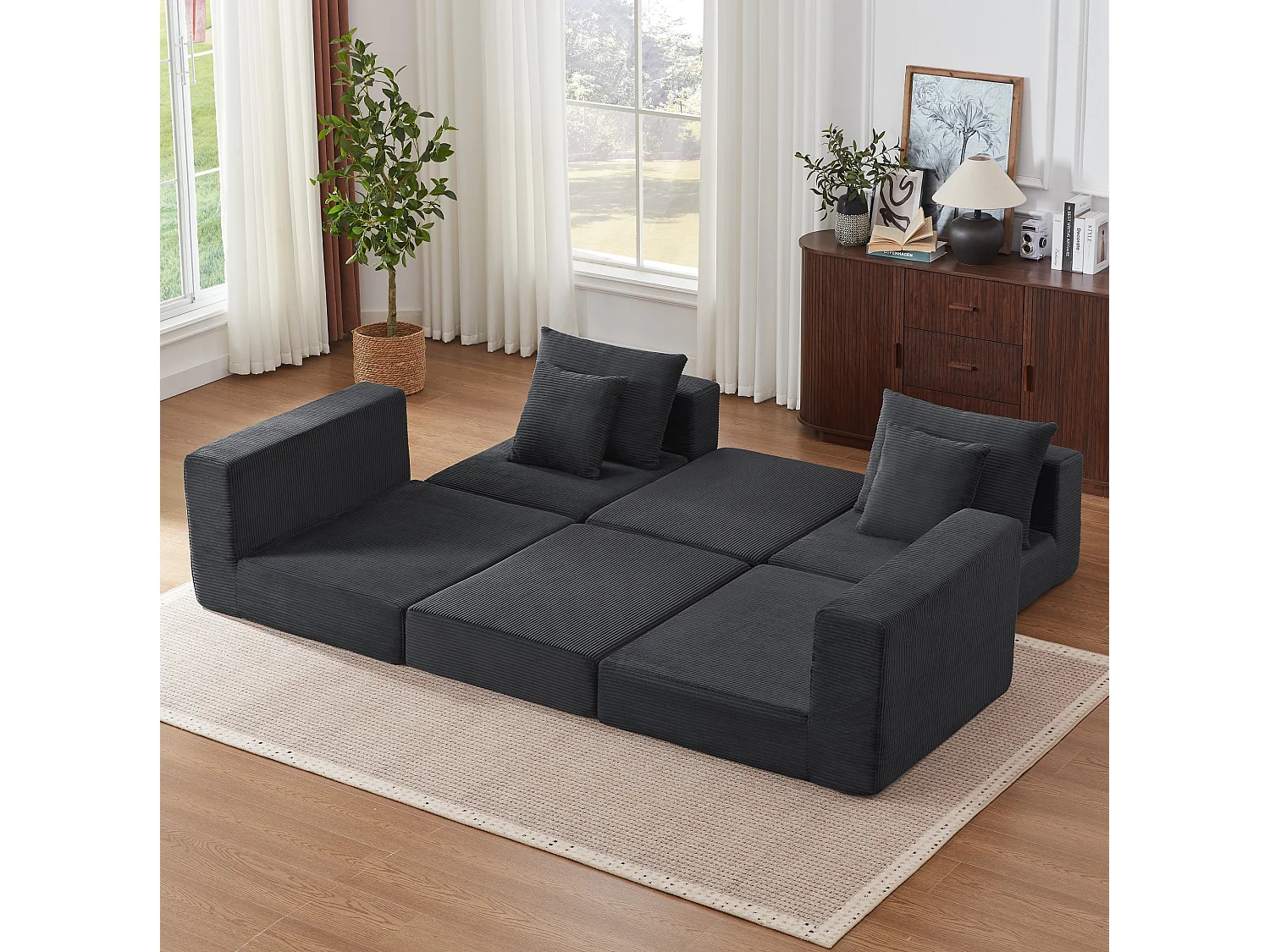Canapé modulable convertible 3 places en velours côtelé avec coussins - Sans montage - Gris foncé