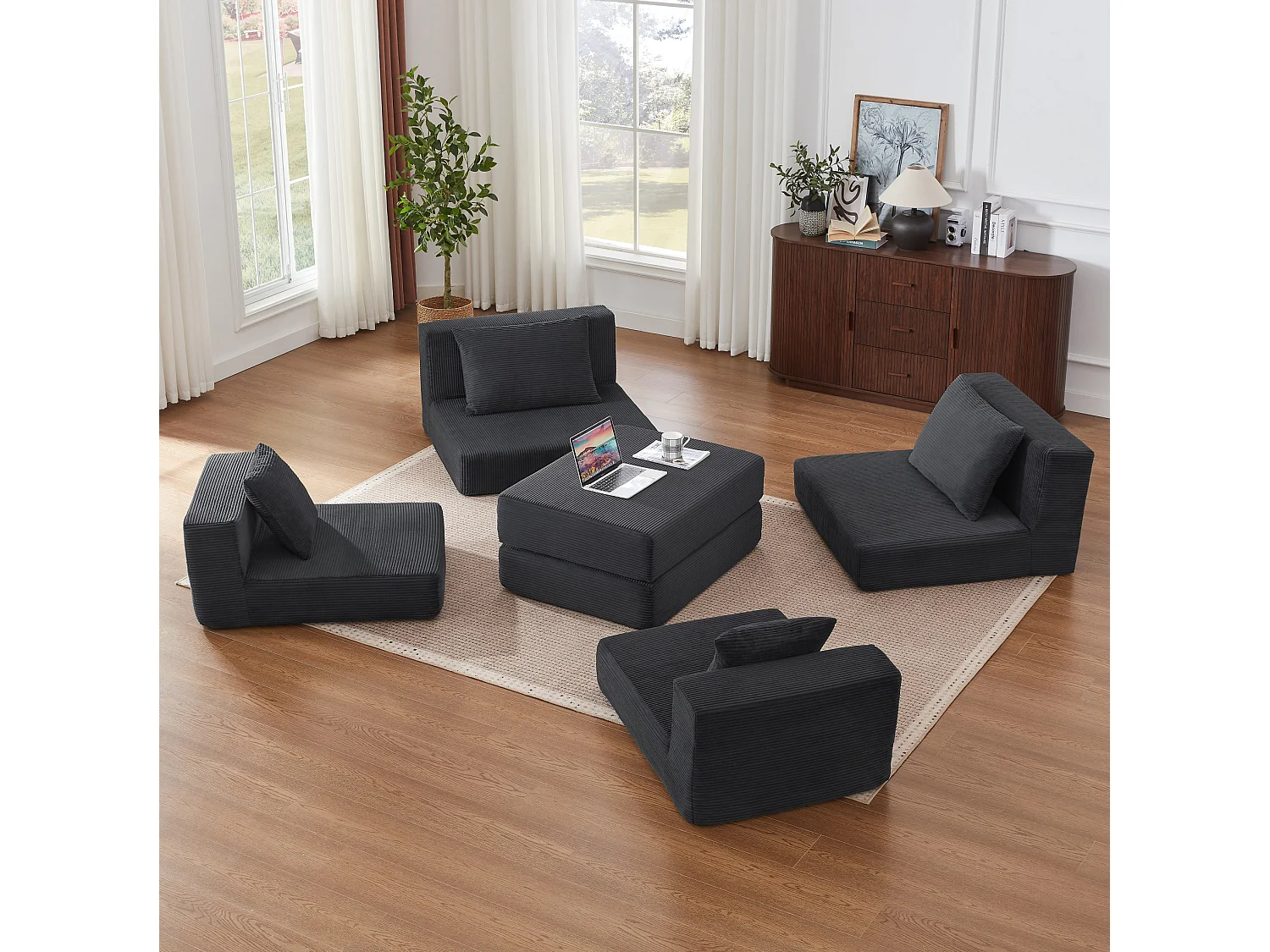 Canapé modulable convertible 3 places en velours côtelé avec coussins - Sans montage - Gris foncé