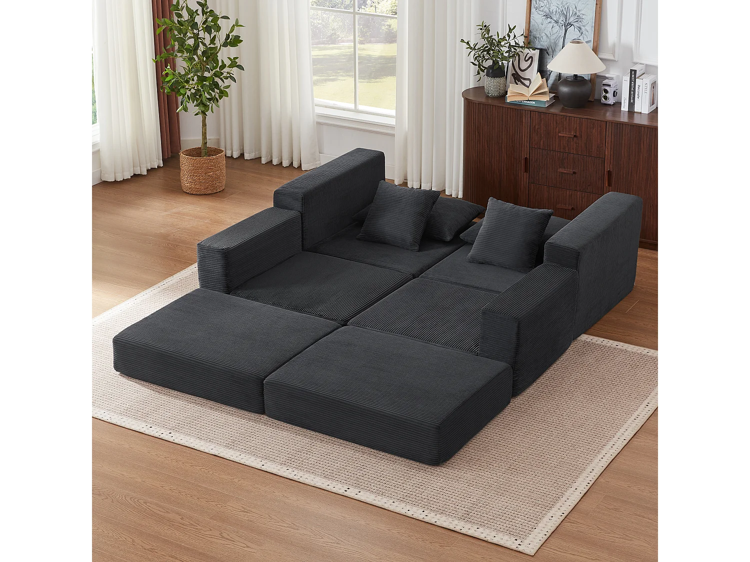 Canapé modulable convertible 3 places en velours côtelé avec coussins - Sans montage - Gris foncé