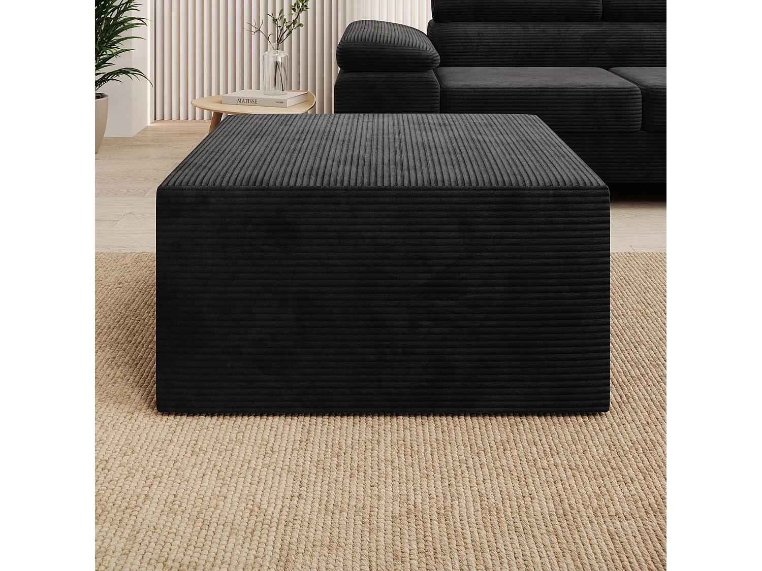 Pouf Carré XL Soren Velours Côtelé Noir