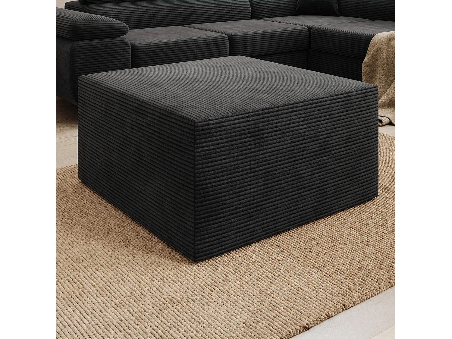 Pouf Carré XL Soren Velours Côtelé Noir