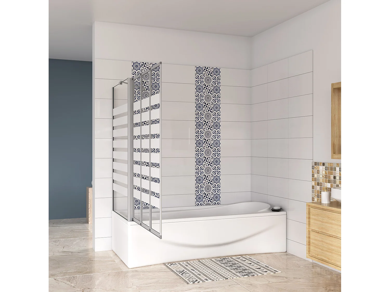 Sopravasca 130×140cm Vetro 4mm Temperato Bianco 3 Ante Pieghevoli a Libro con Lato Fisso 70×140cm Profilo Argento Opaco Verso Sinistro
