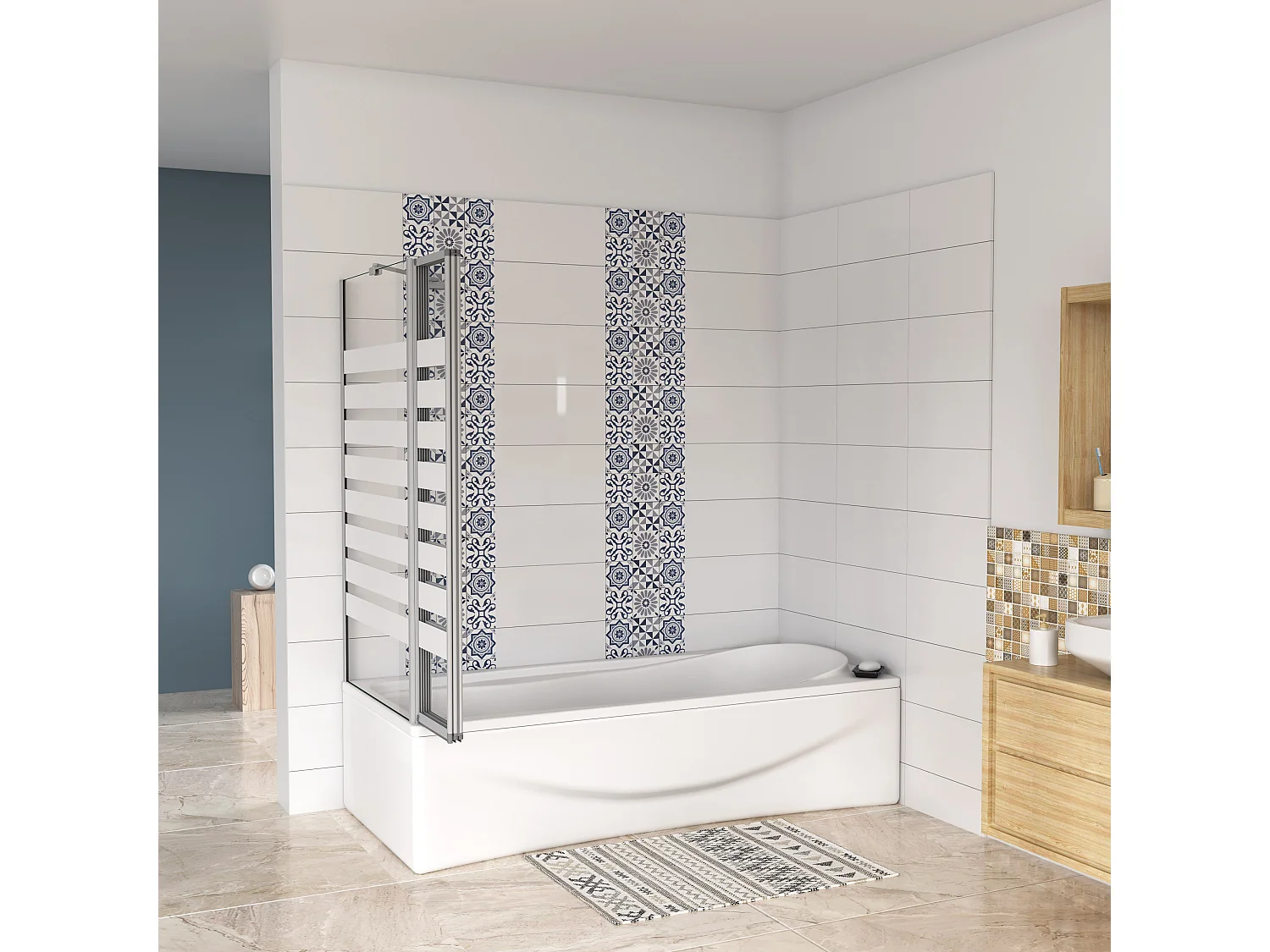 Sopravasca 130×140cm Vetro 4mm Temperato Bianco 3 Ante Pieghevoli a Libro con Lato Fisso 70×140cm Profilo Argento Opaco Verso Sinistro