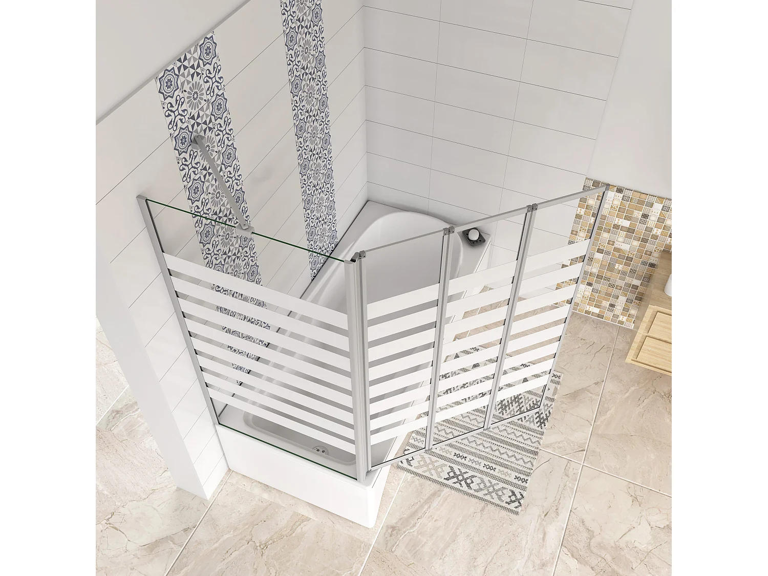 Sopravasca 130×140cm Vetro 4mm Temperato Bianco 3 Ante Pieghevoli a Libro con Lato Fisso 70×140cm Profilo Argento Opaco Verso Sinistro
