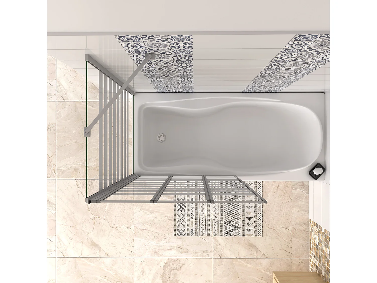 Sopravasca 130×140cm Vetro 4mm Temperato Bianco 3 Ante Pieghevoli a Libro con Lato Fisso 70×140cm Profilo Argento Opaco Verso Sinistro
