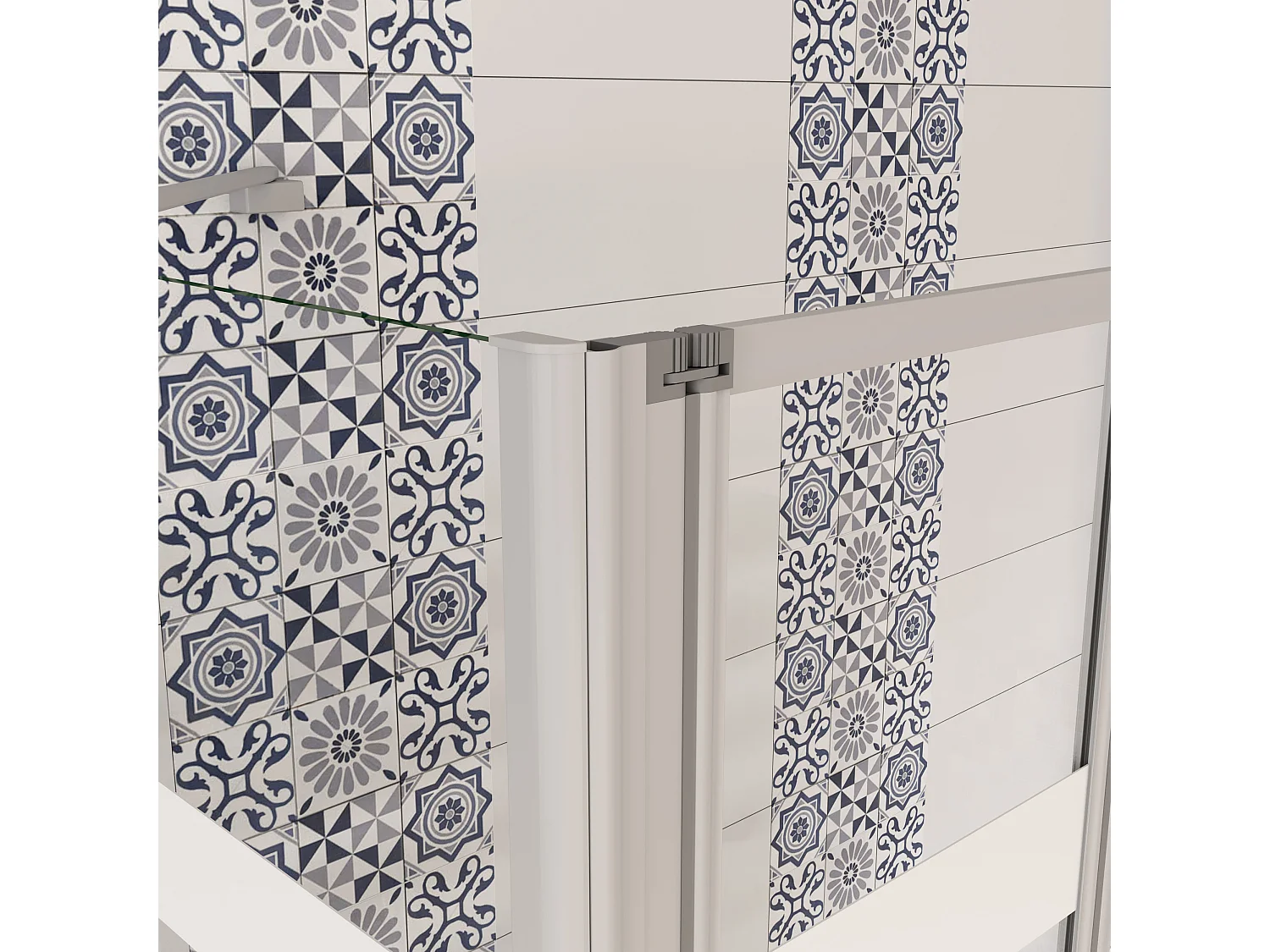Sopravasca 130×140cm Vetro 4mm Temperato Bianco 3 Ante Pieghevoli a Libro con Lato Fisso 70×140cm Profilo Argento Opaco Verso Sinistro